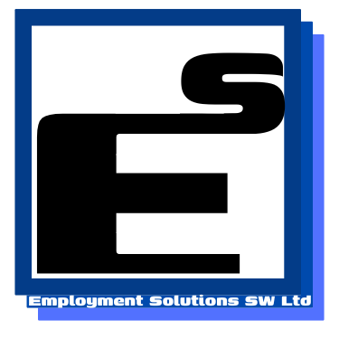 Employment Solutions SW Ltd Logo - Big black letters ES with three blue squares surrounding of varying shades and offset from one another.